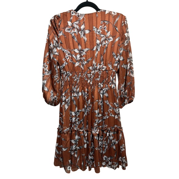 Just Taylor Brown Floral Bronze Metallic Thread Dress NWOT Size 6 - Picture 6 of 13